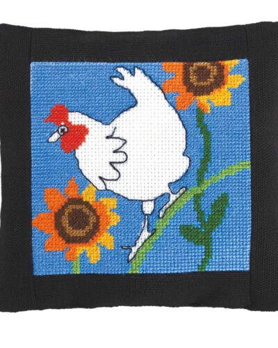 Høne og solsikker - 14x14 cm (nålepude)