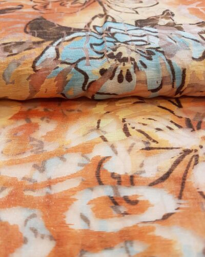 Orange blomster - Chiffon, hør/polyester
