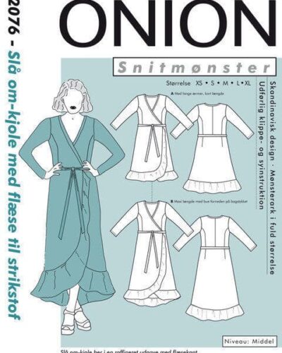 Slå-om-kjole med flæse til strikstof, str. XS-XL - Onion 2076