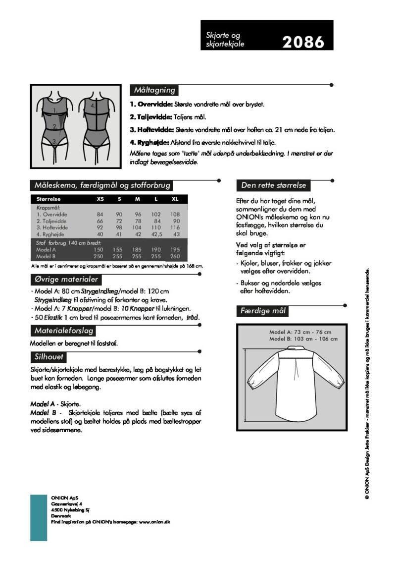 Skjorte og skjortekjole, str.XS-XL - Onion 2086 - Onion