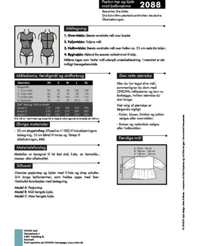 Peplun top og kjole med ballonærme, str.XS-XL - Onion 2088