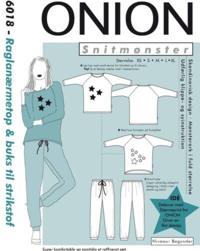 Raglanærmetop & buks til strikstof, str. XS-XL - Onion 6018