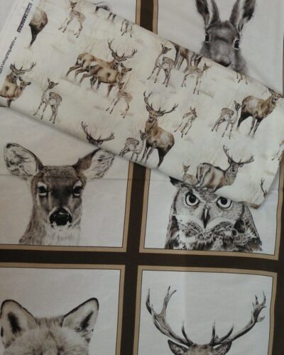 Vilde dyr, hvid bund, brun kant, patchwork rapp.