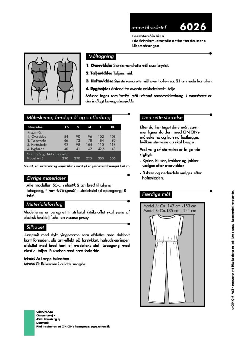 Snitmønster jumpsuit med vingeærme til strikstof – Onion 6026 - Onion