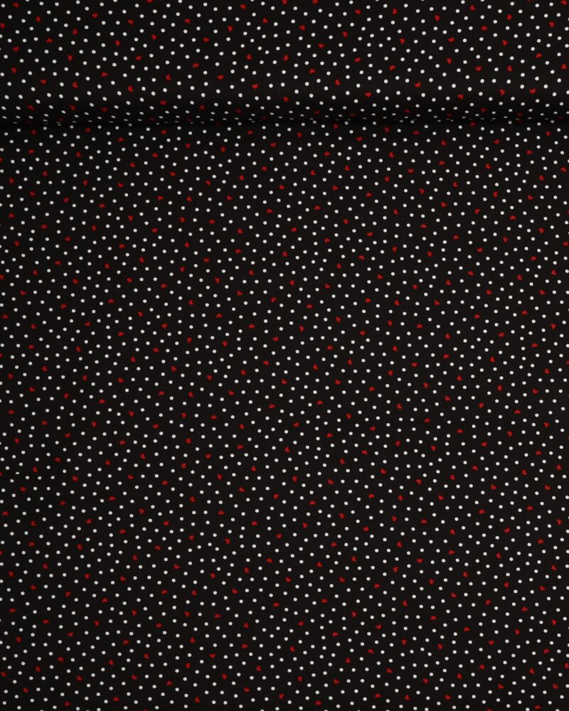 Hvide prikker og rød hjerter på sort - Patchwork - Timeless Treasures Fabrics of SoHo