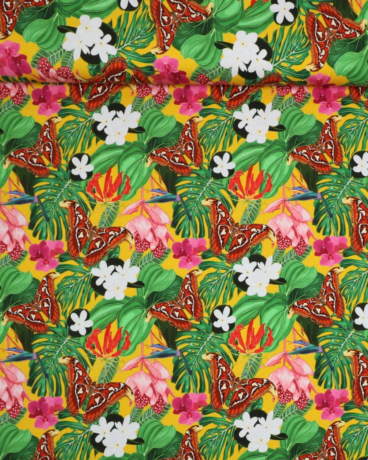 Blomster, blade og sommerfugle på gul - Jersey