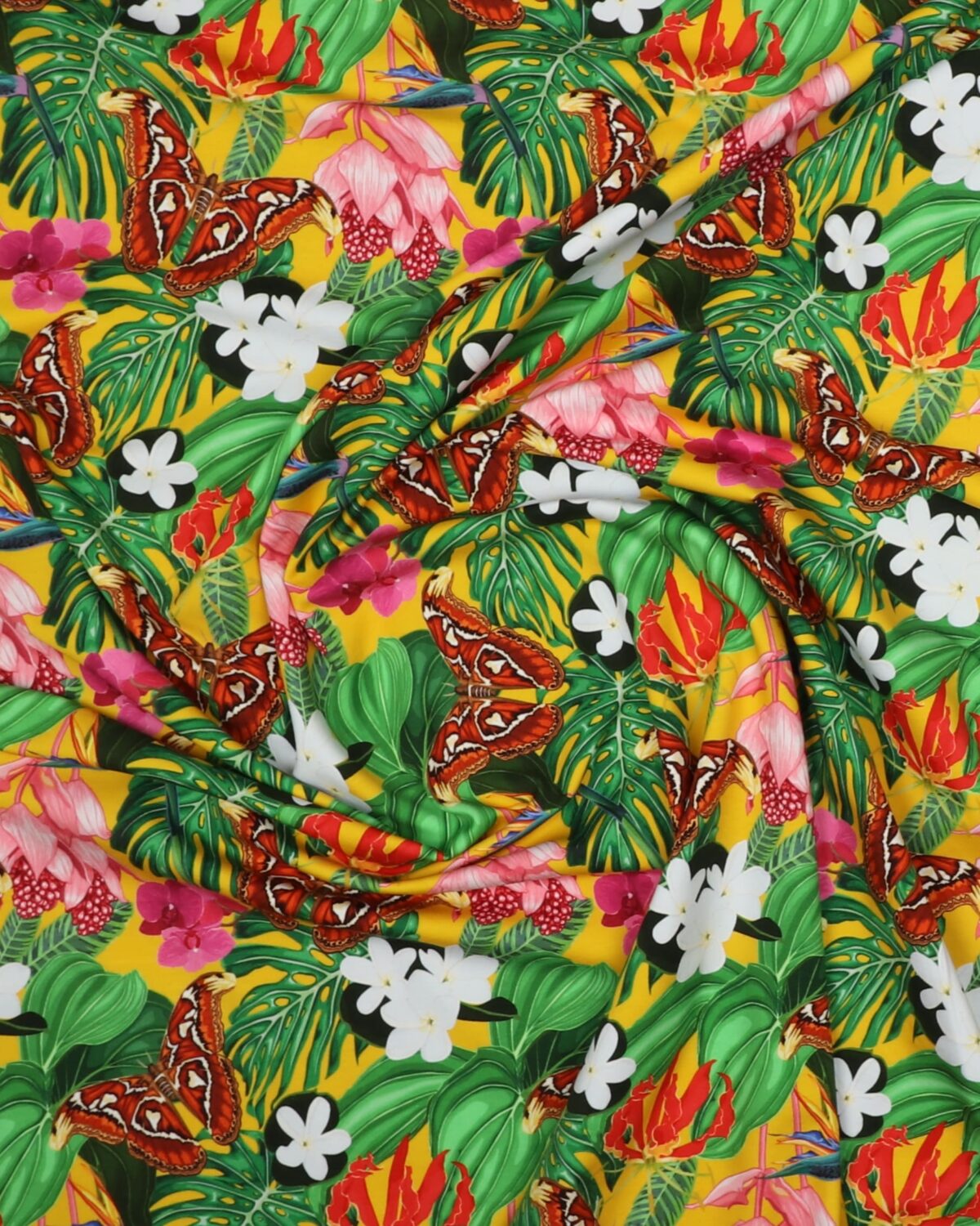 Blomster, blade og sommerfugle på gul - Jersey - Billede 2