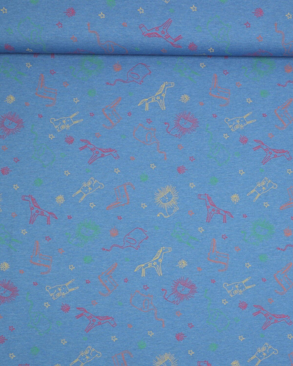 Tegnet dyr på meleret blå - Bomuld/polyester jersey