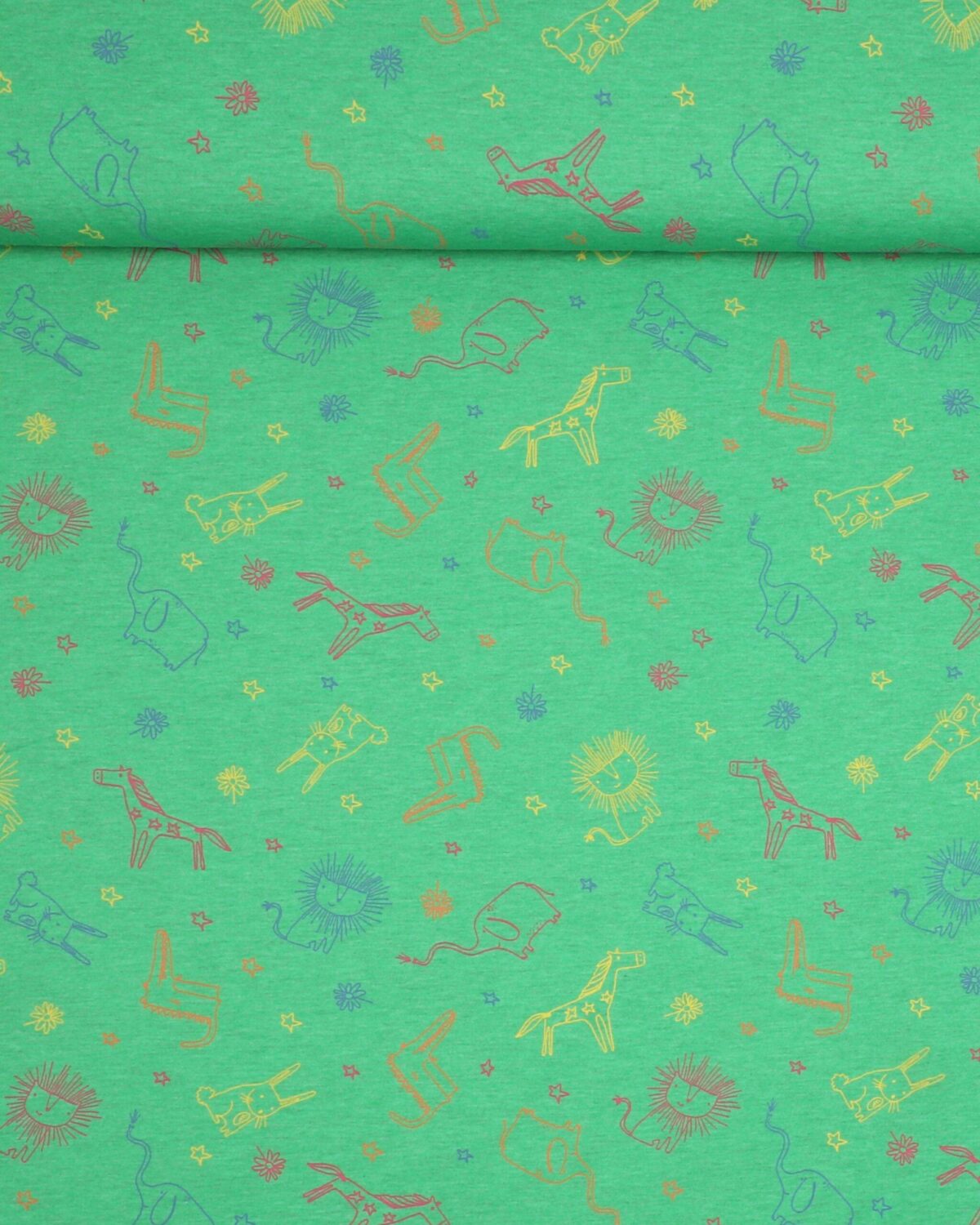 Tegnet dyr på meleret grøn - Bomuld/polyester jersey