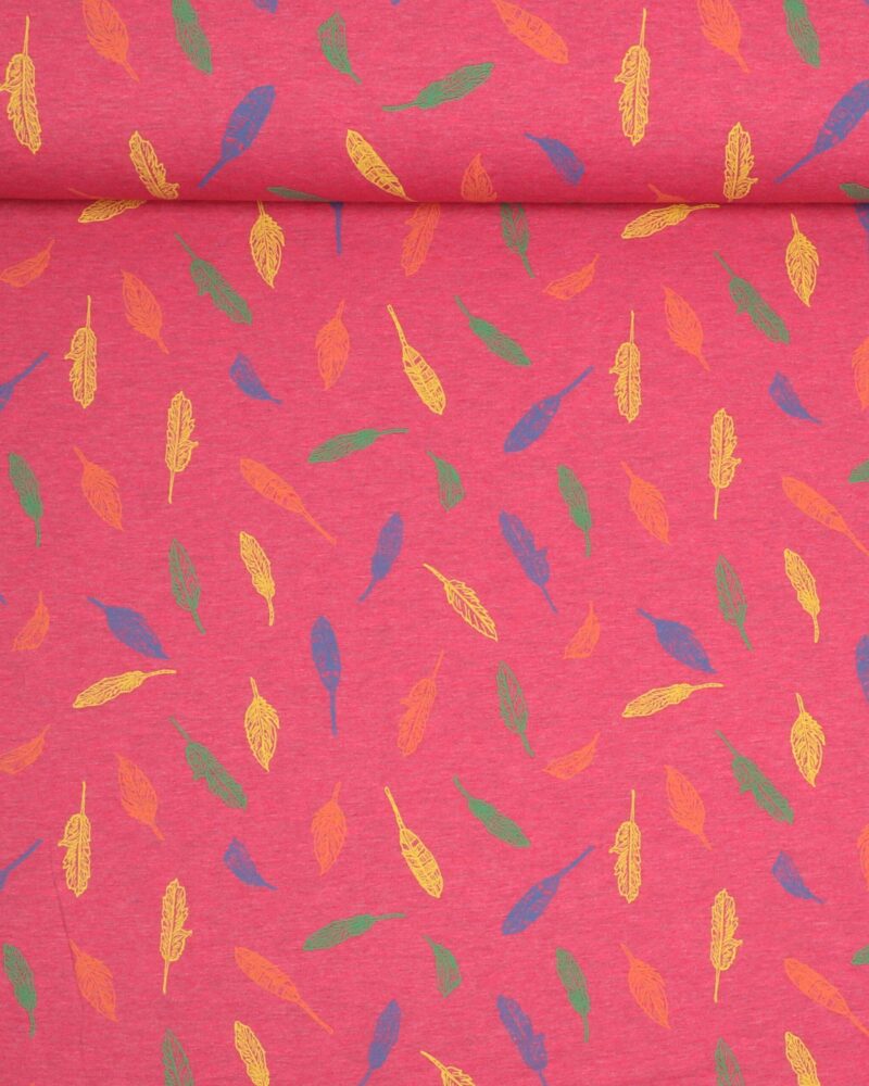Tegnet fjer på meleret pink - Bomuld/polyester jersey - Info mangler