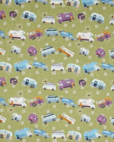 Autocampere på lys olivengrøn bund - Patchwork