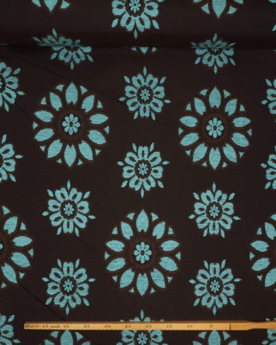 Mørkebrun m. store turkise blomster - Møbelstof 9 Mørkebrun m. store turkise blomster - Møbelstof