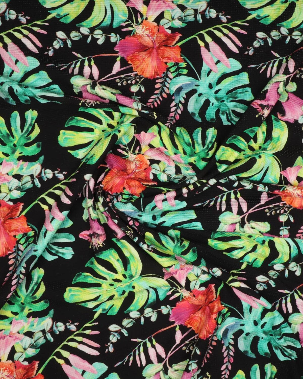 Store blomster og blade på sort - Vaffel jersey - Billede 2