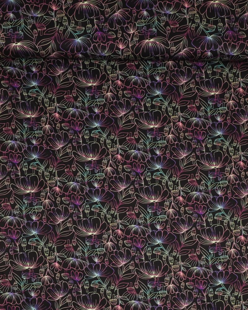 Luminous daydream, blomster og svampe på sort - Patchwork - RJR Fabrics