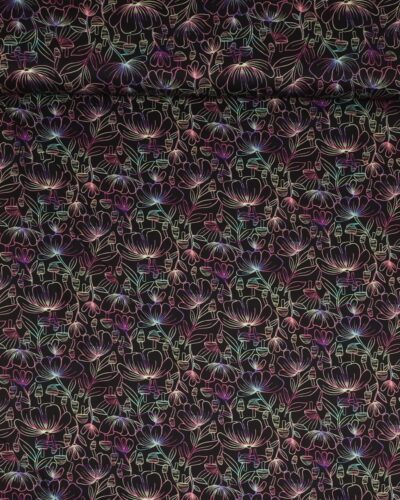 Luminous daydream, blomster og svampe på sort - Patchwork