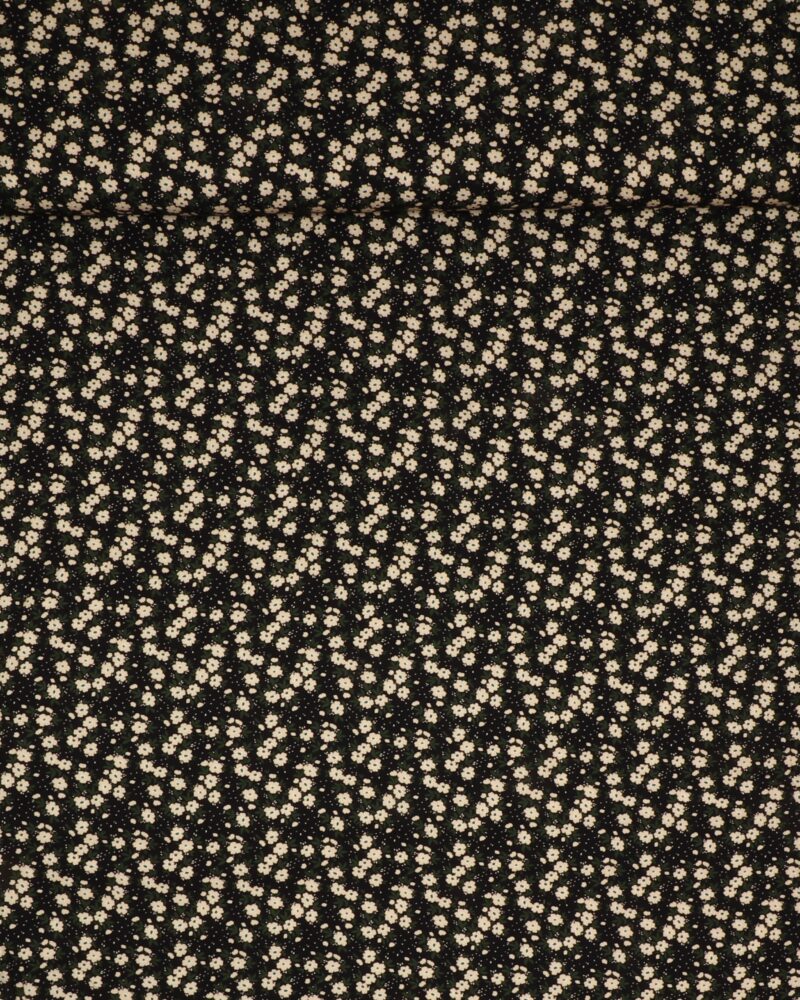 Små cremefarvet blomster på sort - Twillvævet Viskose - Ukendt