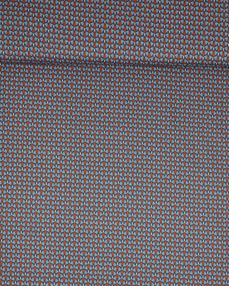 Viftemønster i hvid/orange/lyseblå på blå bund - Bomuld - Ukendt