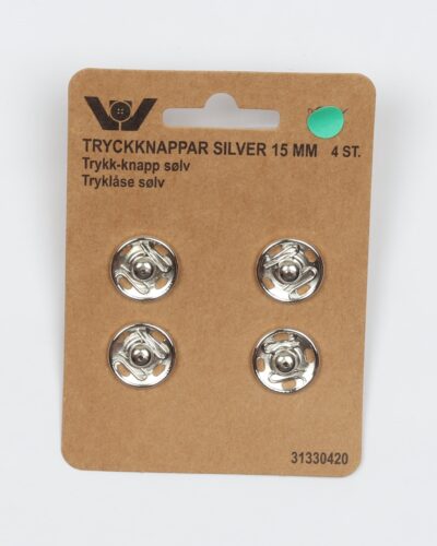 Sølv trykknapper, 4 stk 15 mm