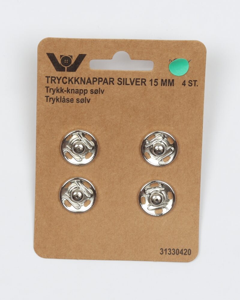 Sølv trykknapper, 4 stk 15 mm -