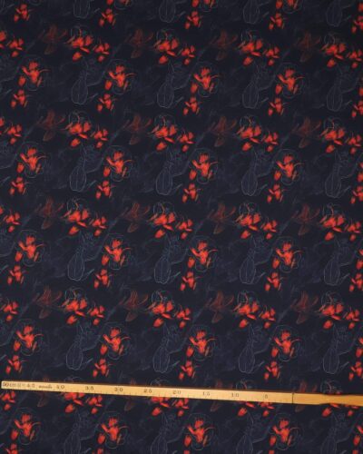 Orangerøde blomster på mørkeblå bund - Jersey 7 Orangerøde blomster på mørkeblå bund - Jersey