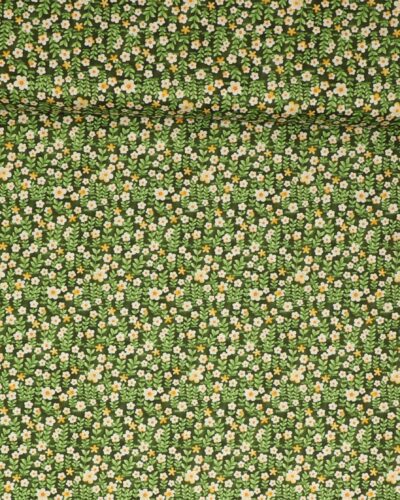 Blomster på stilke med blade på grøn bund - Patchwork