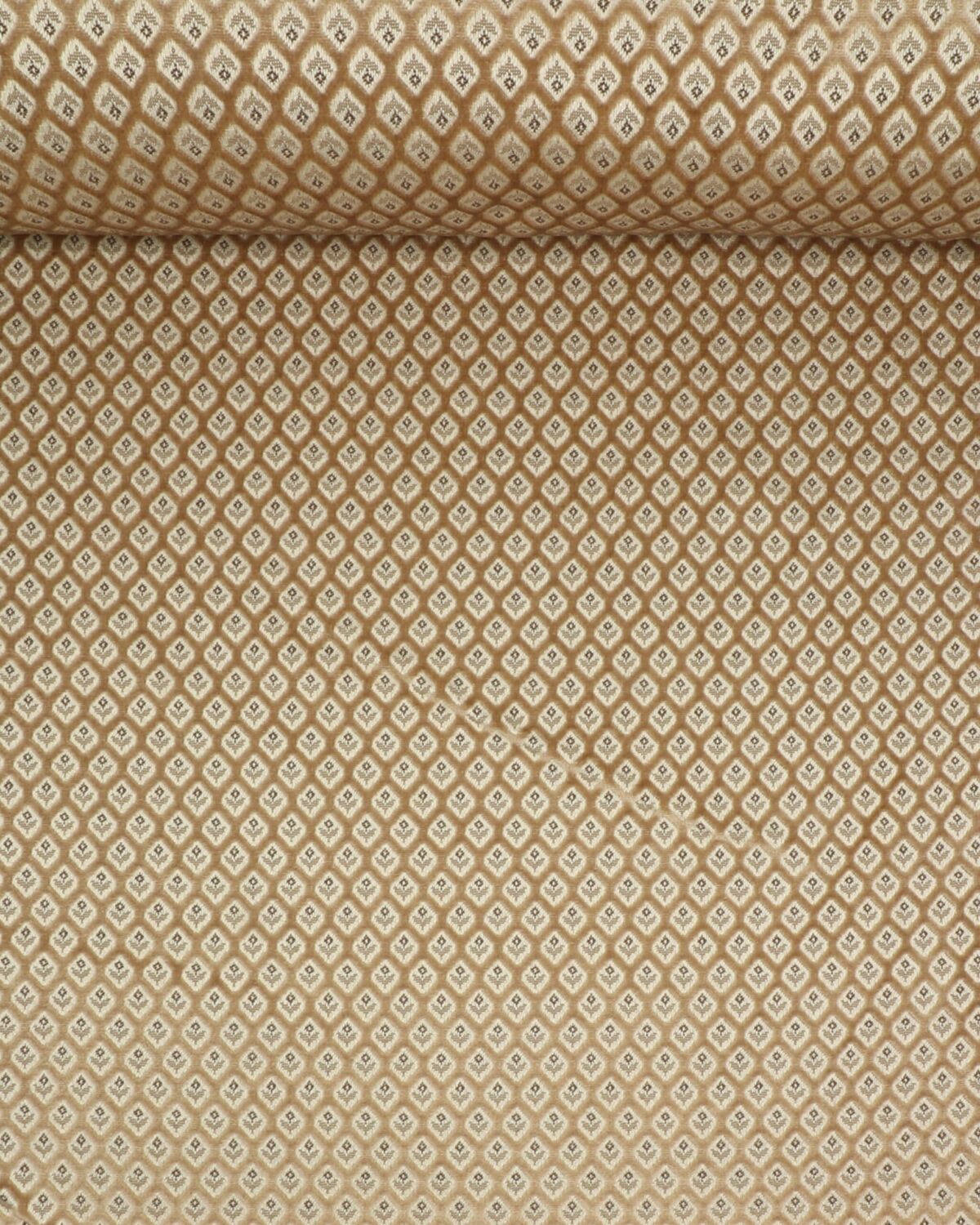 Lille brun blomst i rombe med beige velourkant - Møbelstof - Billede 2