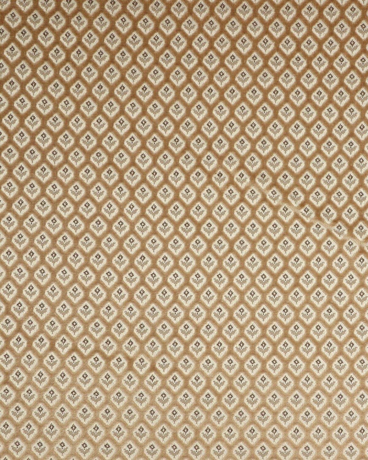 Lille brun blomst i rombe med beige velourkant - Møbelstof