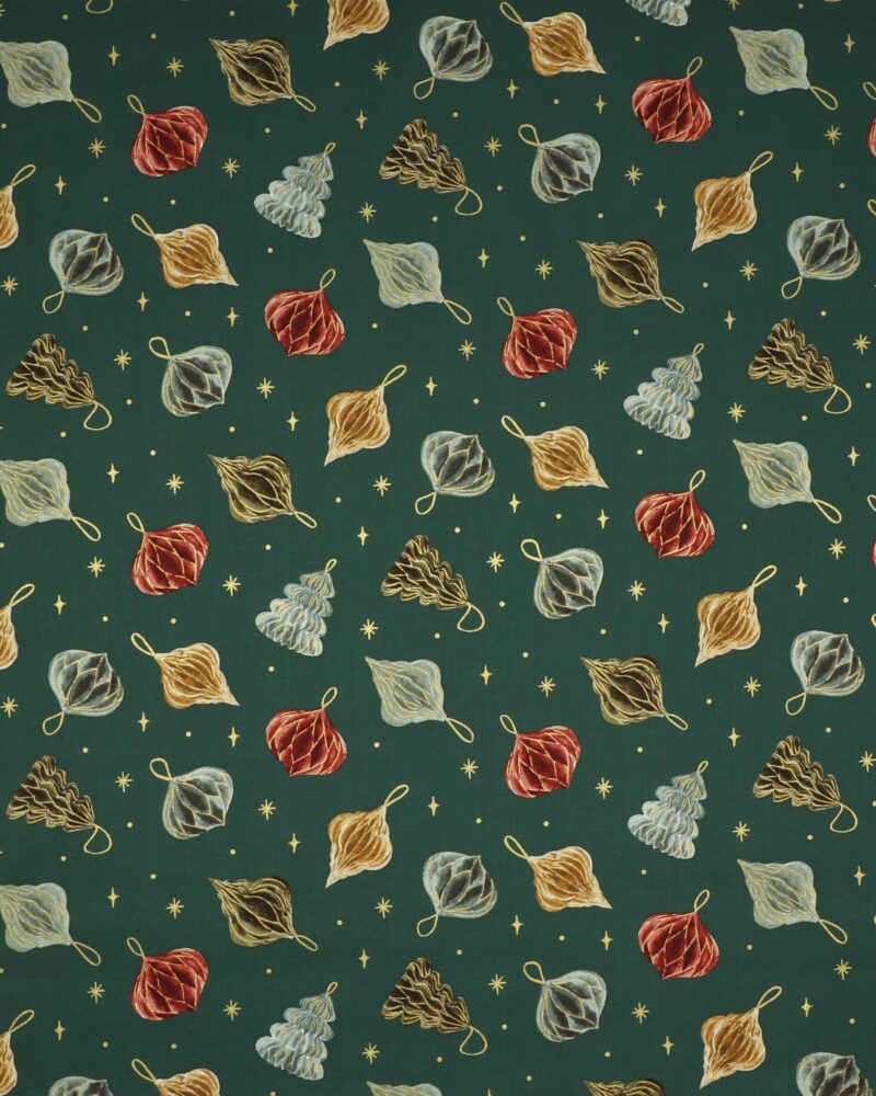 Noel, juleornamenter på mørk grøn - Patchwork - Figo fabrics