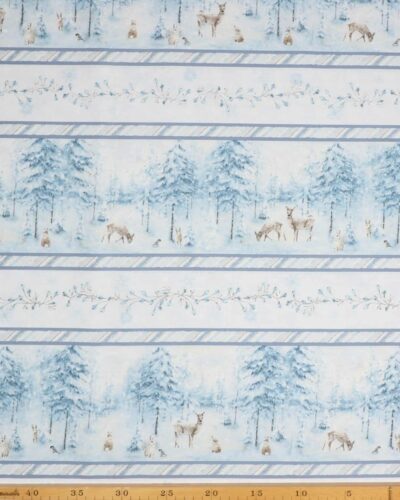 Woodland frost, dyr på stribe i vinterlanskab/blå - Patchwork