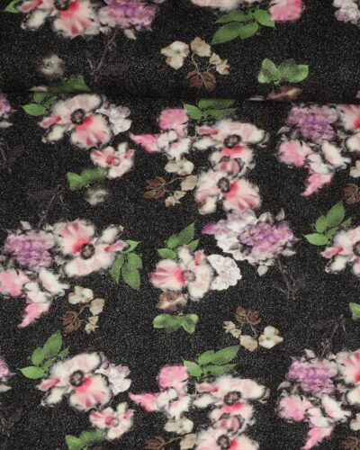 Sort m. blomster sølvglimmer - Polyester jersey