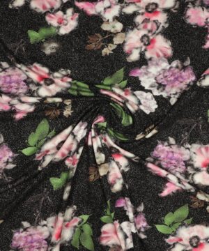 Sort m. blomster sølvglimmer - Polyester jersey - Info mangler