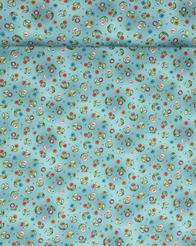 Button Buds, små knapblomster på blå bund - Patchwork