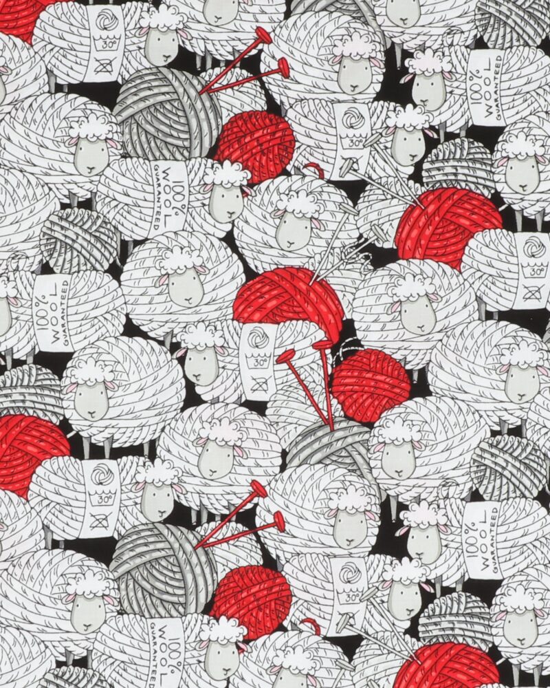 Får og garnnøgler i hvid og rød - Patchwork - Timeless Treasures Fabrics of SoHo