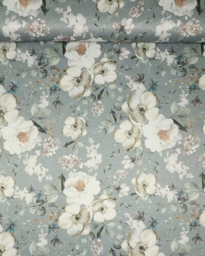 Blomster på grå bund med lidt sølv - Boligtekstil