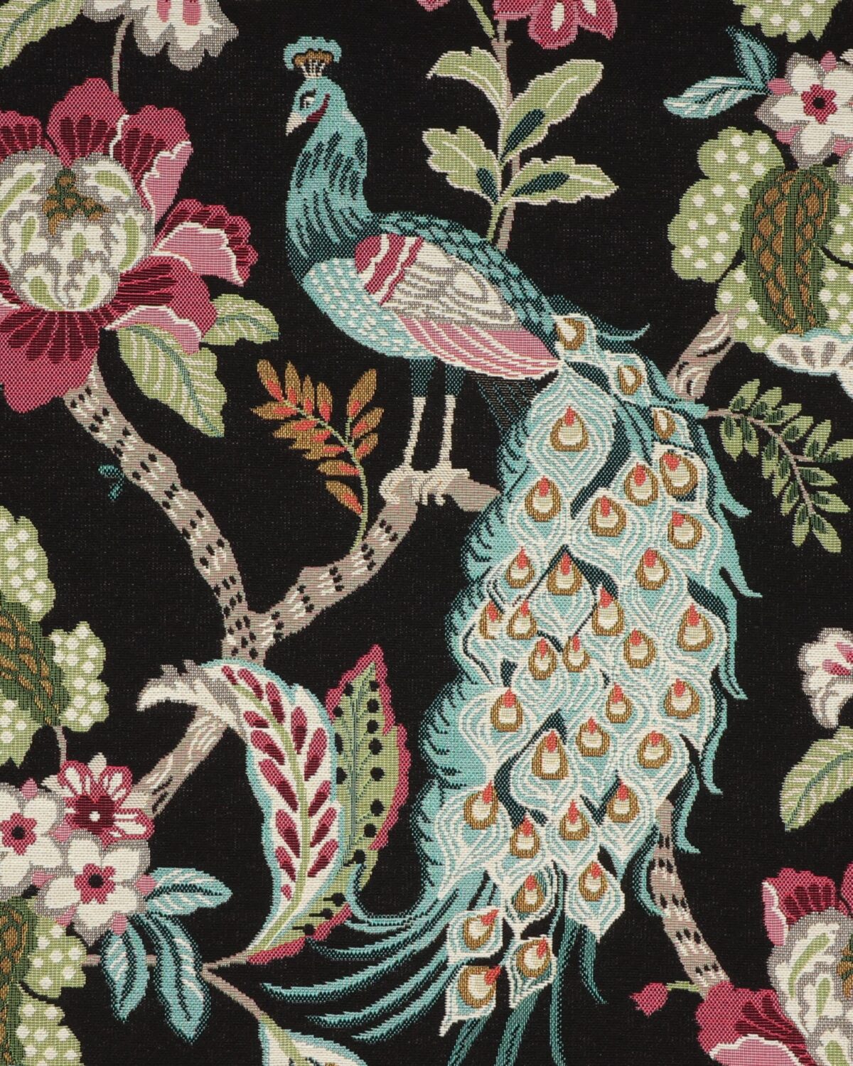 Påfugl og blomster på sort - Gobelin - Billede 2