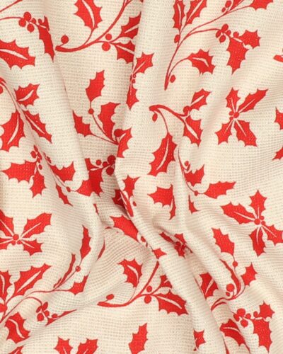 Røde kristtjørn på offwhite med guldtråd - Boligtekstil