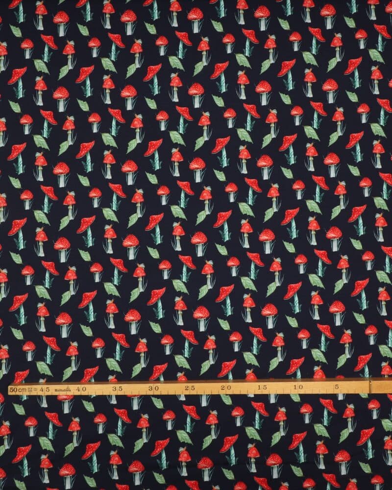 Røde paddehatte på mørkeblå bund - French Terry - Ukendt