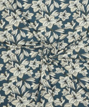 Hvid/sandfarvet blomster på jeansblå bund - Jersey - Ukendt