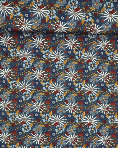 Blomster på jeansblå bund - Jersey