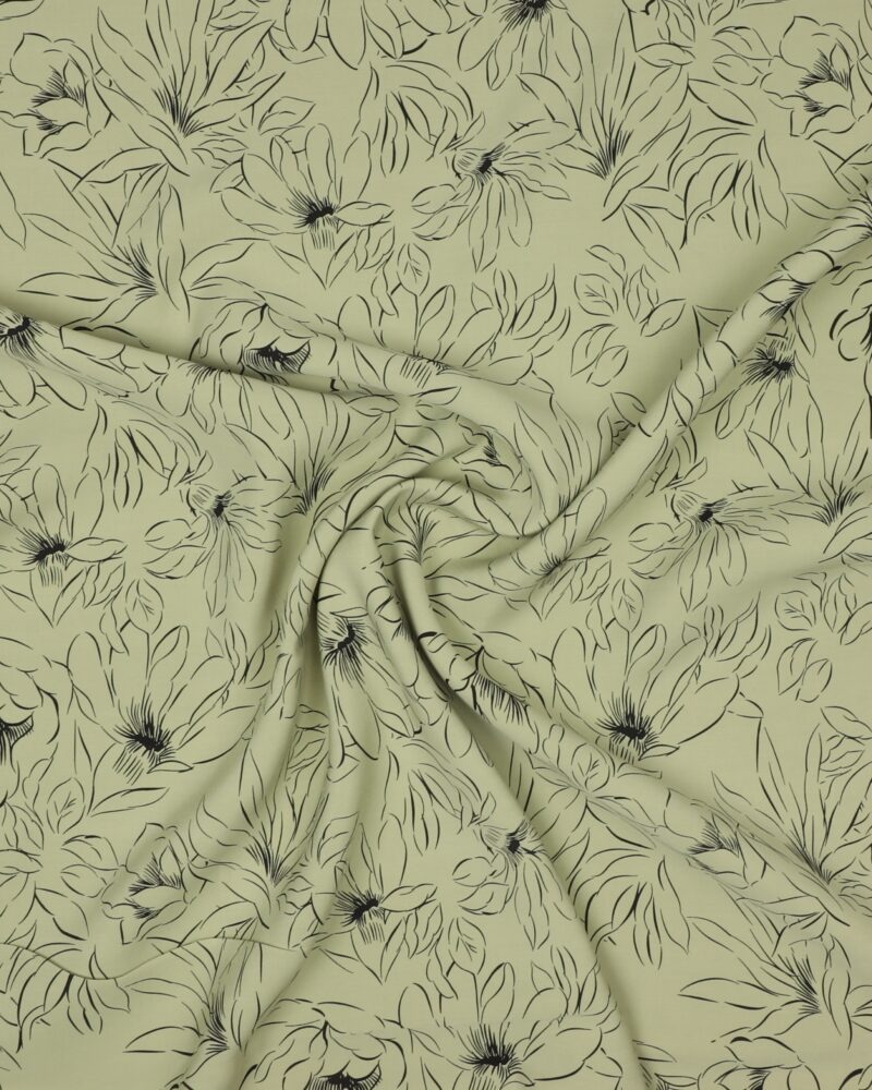 Sart grøn med tegnet blomst - Sandvasket viskose/polyester - Ukendt