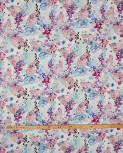 Blå blomst og røde blade - Double Gauze/musselin stof 9 Blå blomst og røde blade - Double Gauze/musselin stof