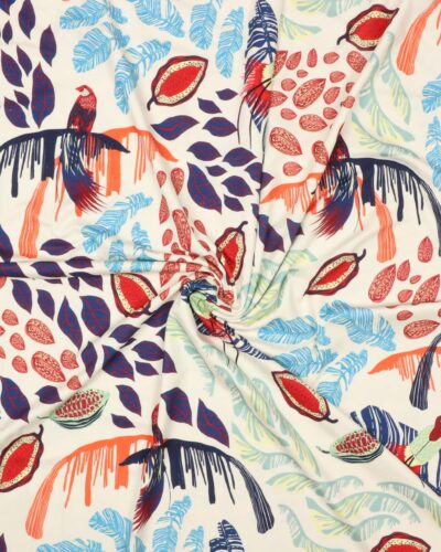 Hvid m. blomster og fugle - Viskose Jersey 8 Hvid m. blomster og fugle - Viskose Jersey