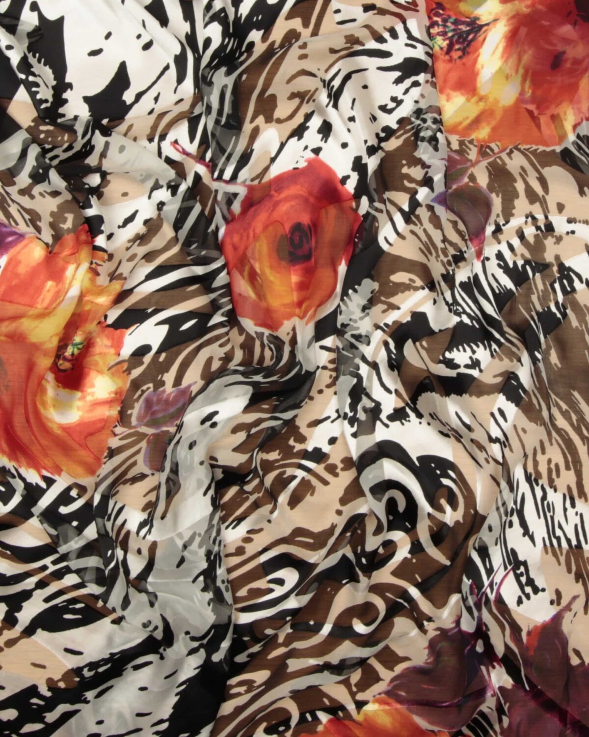 Sort/hvid med blomster - Silkechiffon - Billede 2
