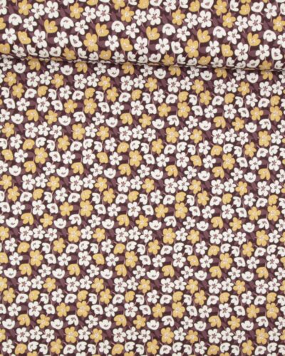 Blomster med glimmer, aubergine/hvid/guld - Jersey