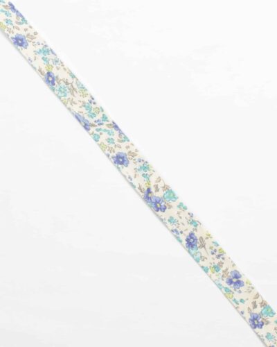 Lilla og turkis blomster på offwhite - 20 mm skråbånd