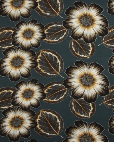 Gyldne/sorte blomster på petrol - French Terry 8 Gyldne/sorte blomster på petrol - French Terry
