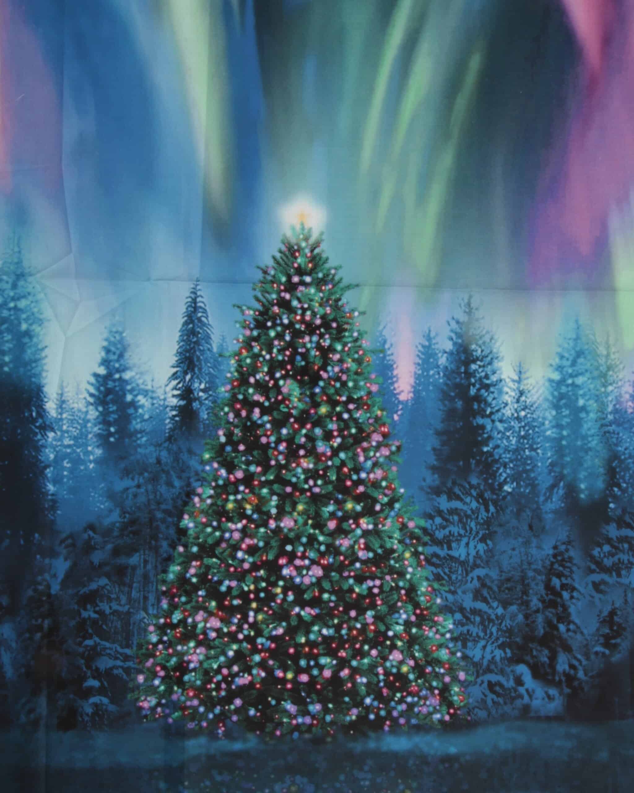 Juletræ og nordlys - Patchwork panel - 100% Bomuld