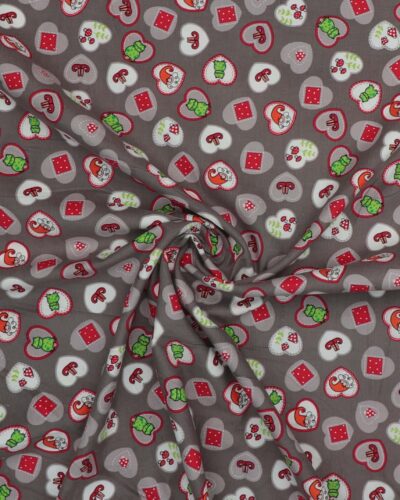 Hjerter fyldt med julemotiver på grå - Babyfløjl