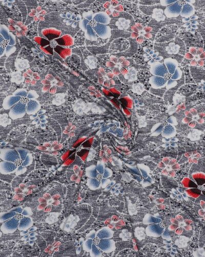 Sort/hvid med røde og blå blomster - Viskose jersey