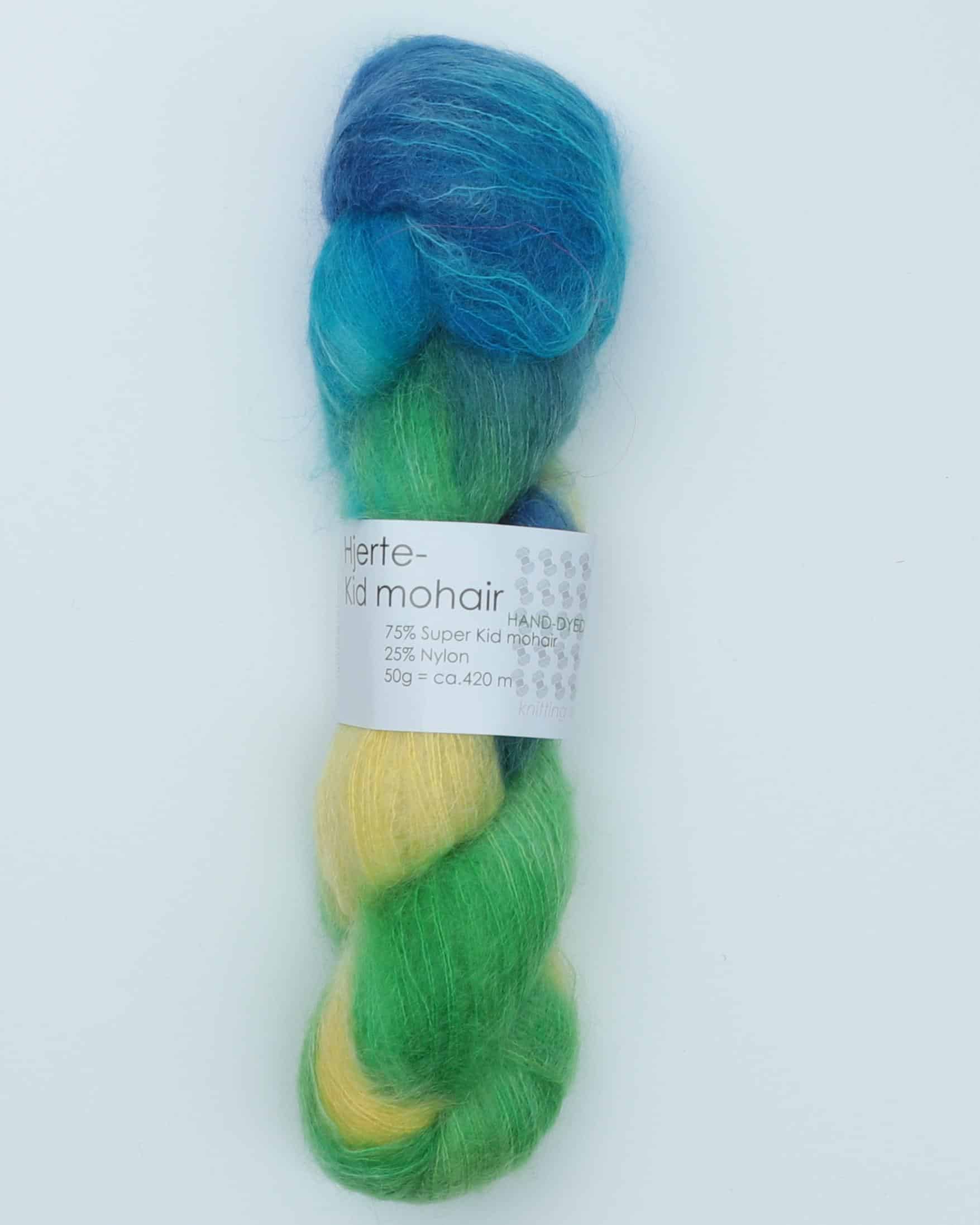 Hjerte-Kid mohair fra Hjertegarn - 103 Blå/gul/grøn - 25% Nylon, 75% Kid mohair